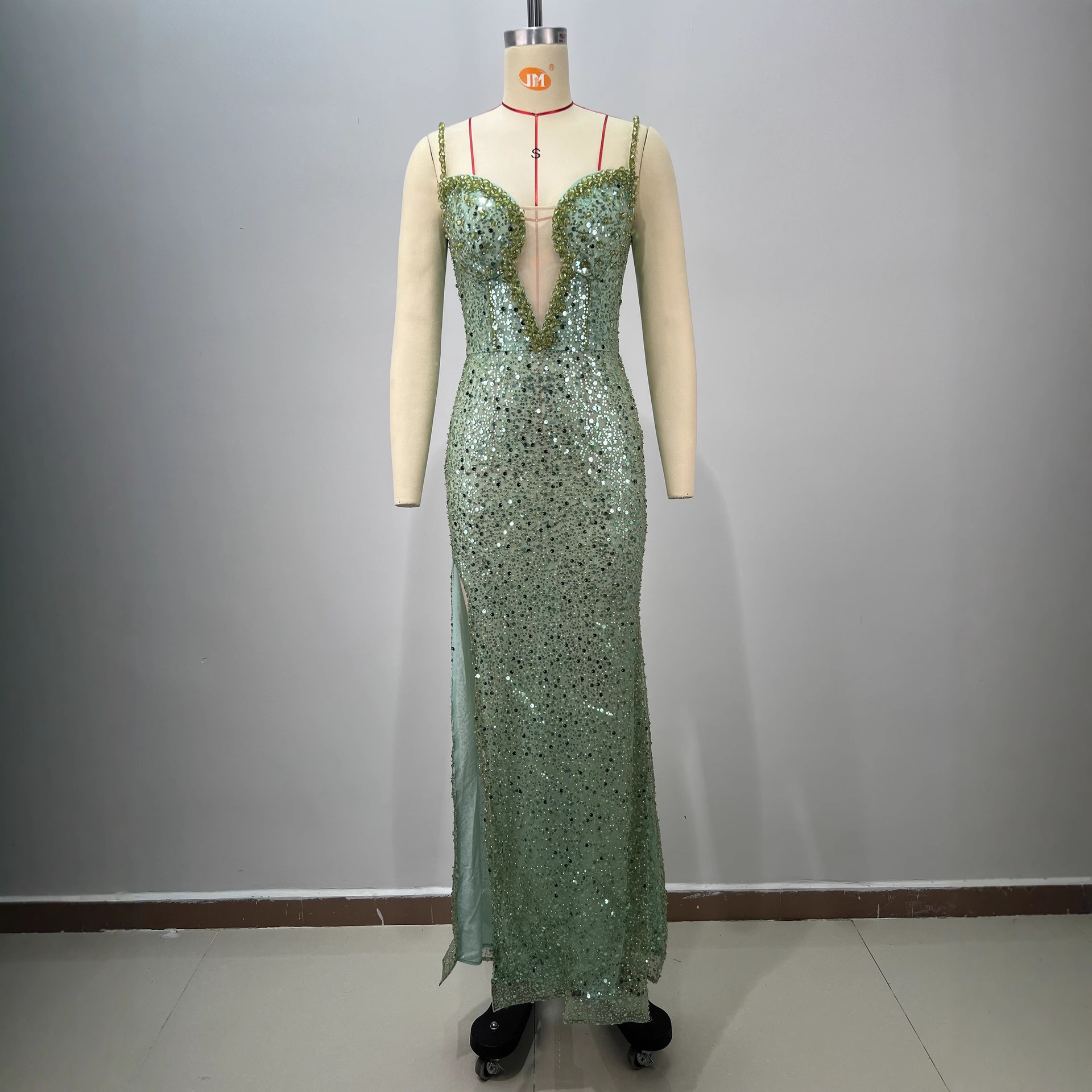 Women Sequined Sexy V-Neck Slit Ruffle Strappy Fishtail Evening Dress