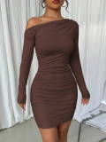 Women Fall Slash Shoulder Long-sleeved solid dress