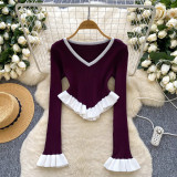 Women contrasting striped knitting autumn ruffled bell bottom sleeve top