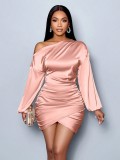 Women Fall Slash Shoulder Long-Sleeved Satin Dress