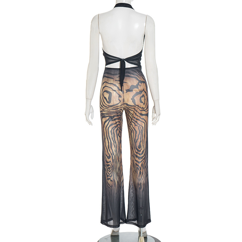 Women's Summer Autumn Mesh Printed Halter Neck Lace-Up Top and Pants Set