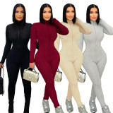 Women's Slim Fit Jumpsuit High Stretch Knitting Long Sleeve Stand Collar Zipper Casual Sporty Romper