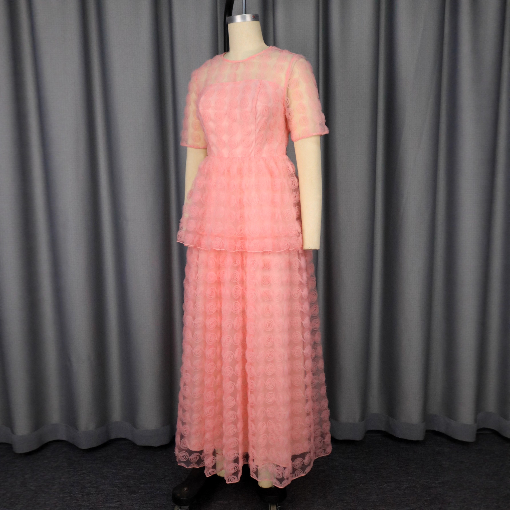 See-Through Round Neck Mesh Embroidery Elegant Party Long Dress