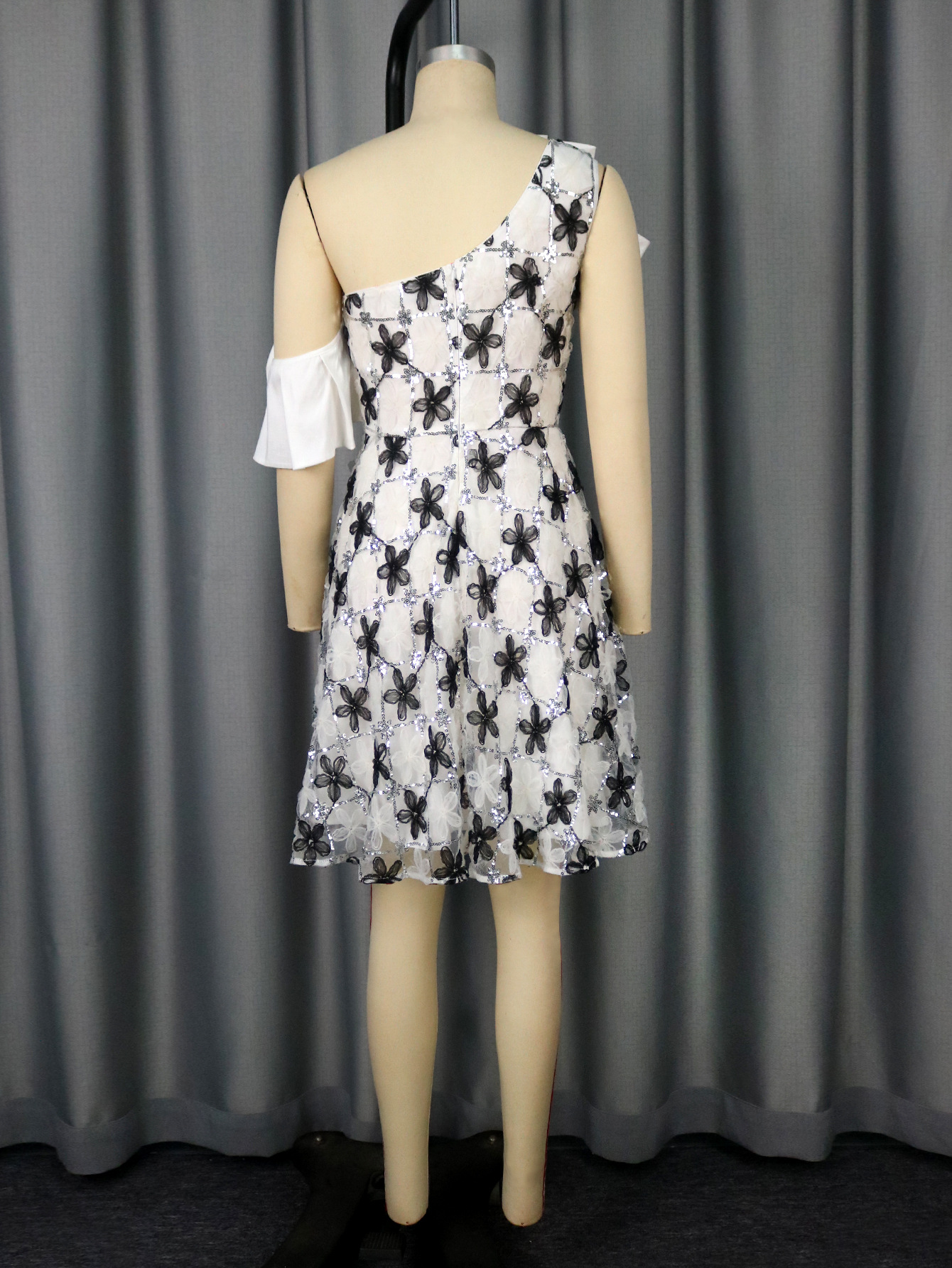 Fashion One-Shoulder Ruffle Mesh Sequin Embroidery Color Block Elegant Formal Party Dress