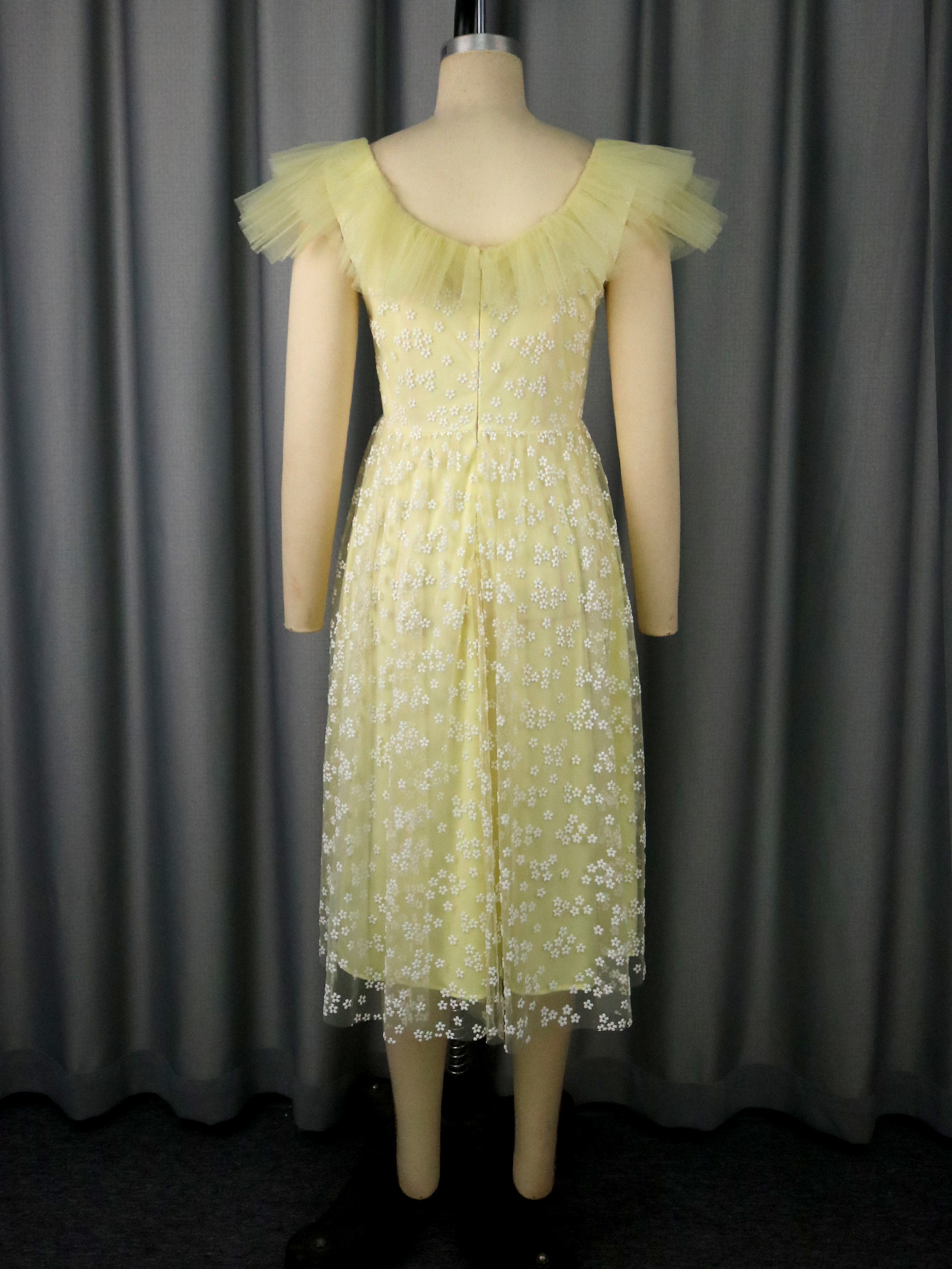 Floral Mesh Square Neck Elegant A-Line Slim Waist Party Evening Dress