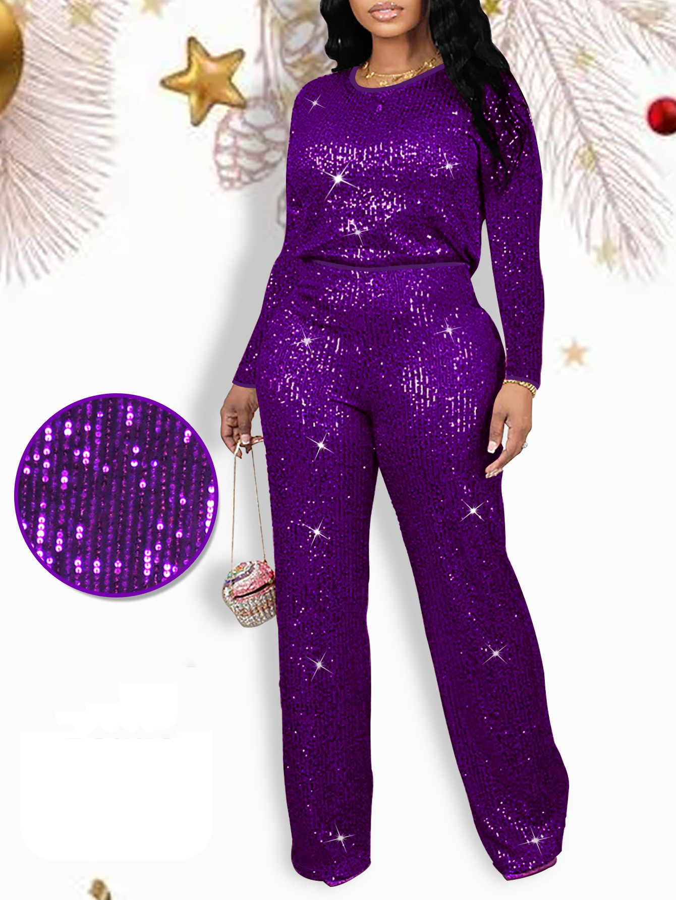 Autumn Women's Fashion Elegant Short Sleeve Round Neck Sequin Party Wear Casual Two Piece Pants Set