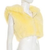 Women's Autumn Winter Solid Color Fur Zipper Hooded Sleeveless Cropped Top