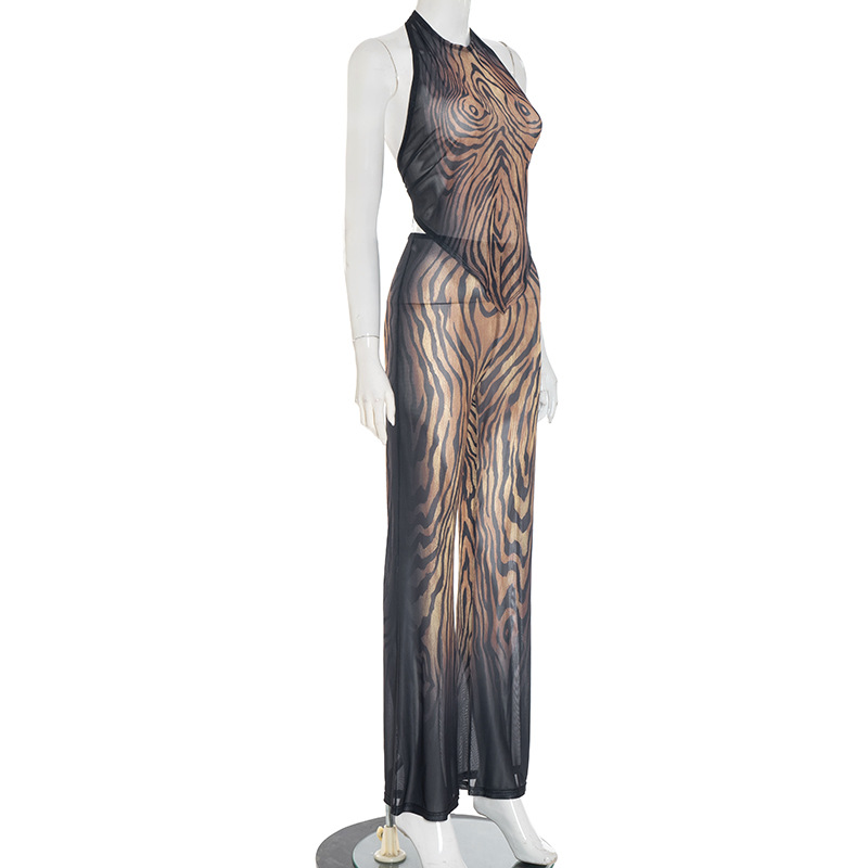 Women's Summer Autumn Mesh Printed Halter Neck Lace-Up Top and Pants Set