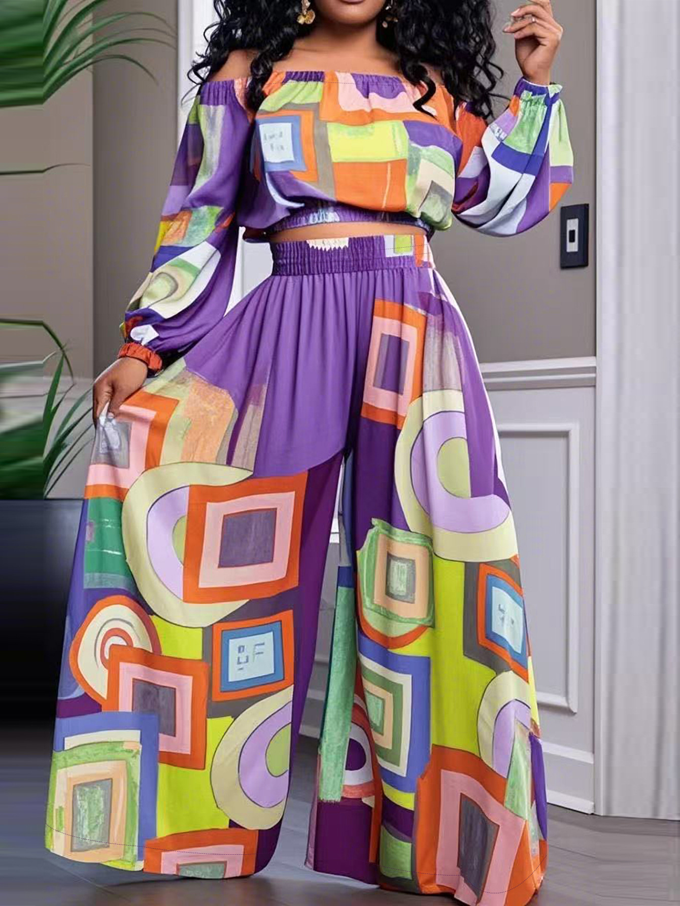 Women's Fashion Elegant Off Shoulder Long Sleeve Top Loose Wide Leg Pants Casual Set