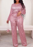 Autumn Women's Fashion Elegant Short Sleeve Round Neck Sequin Party Wear Casual Two Piece Pants Set
