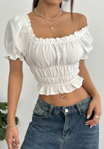 Women's Ruffled Slim Waist Cropped Lace Top Women's Ruffled Slim Waist Cropped Lace Top