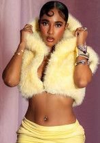 Women's Autumn Winter Solid Color Fur Zipper Hooded Sleeveless Cropped Top