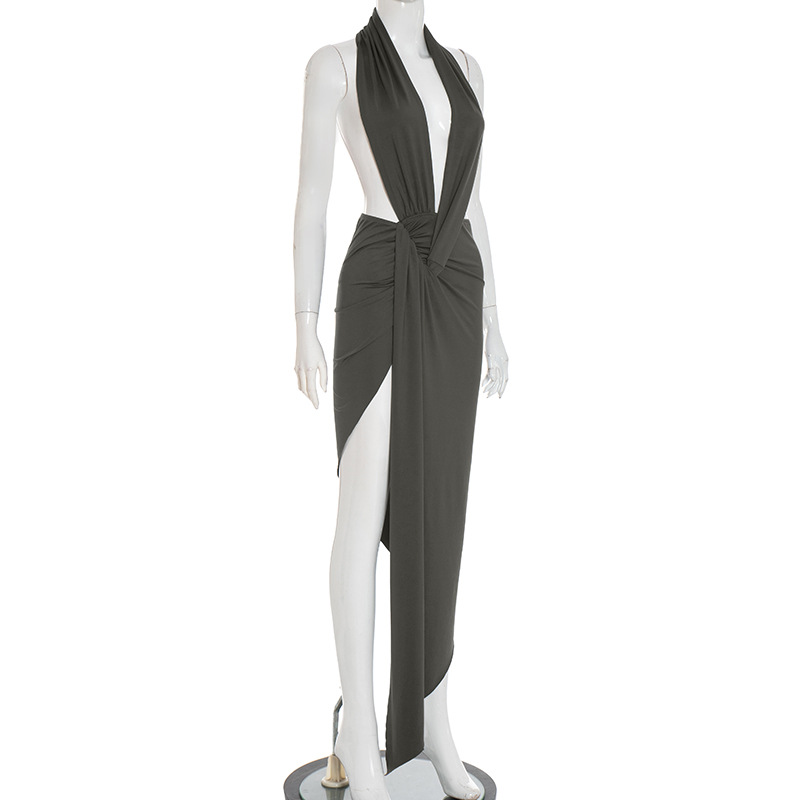 Women's Sexy Slim Fit Halter Neck Low Back Sleeveless Ruffled Fashion Elegant Long Dress