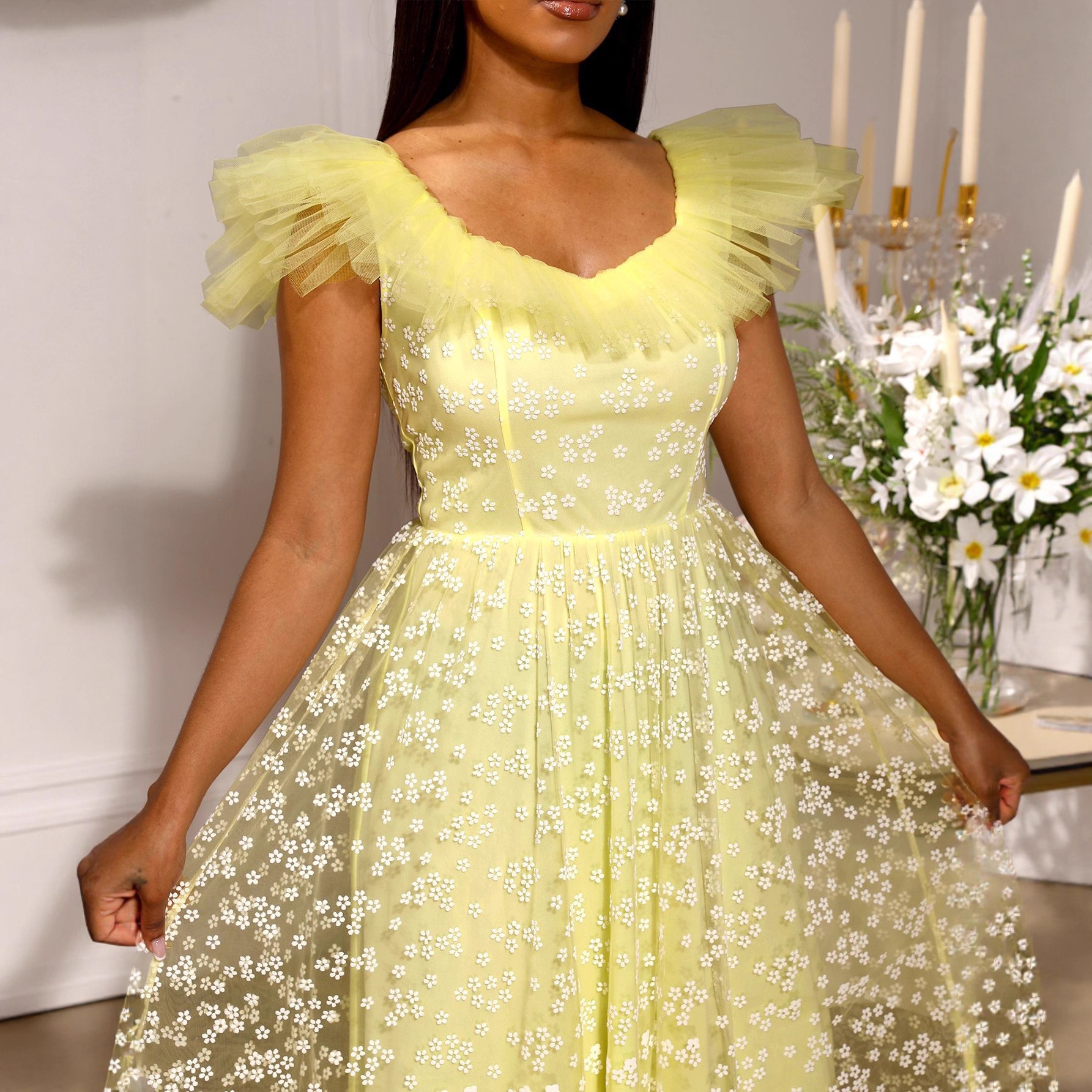 Floral Mesh Square Neck Elegant A-Line Slim Waist Party Evening Dress