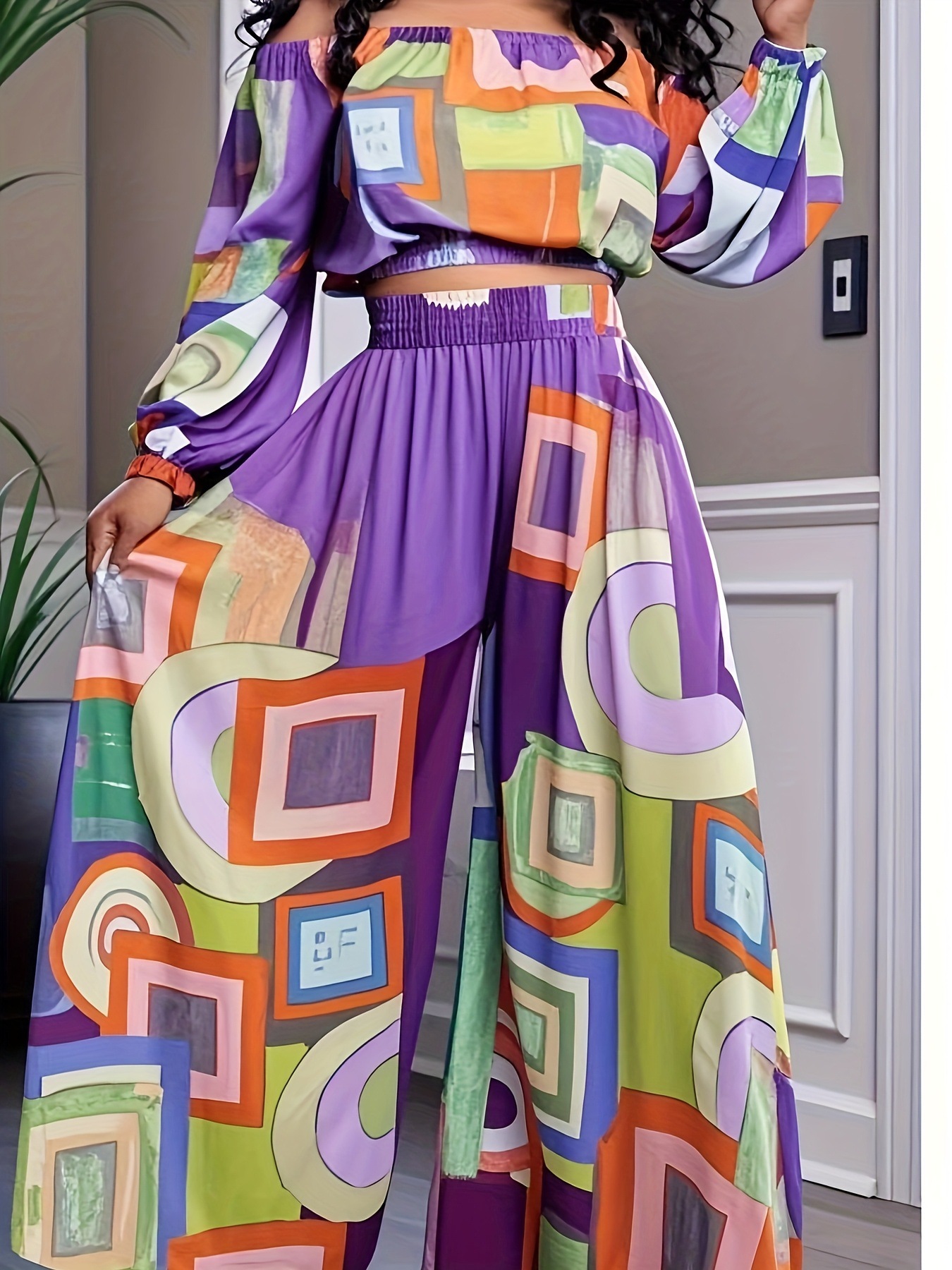 Women's Fashion Elegant Off Shoulder Long Sleeve Top Loose Wide Leg Pants Casual Set