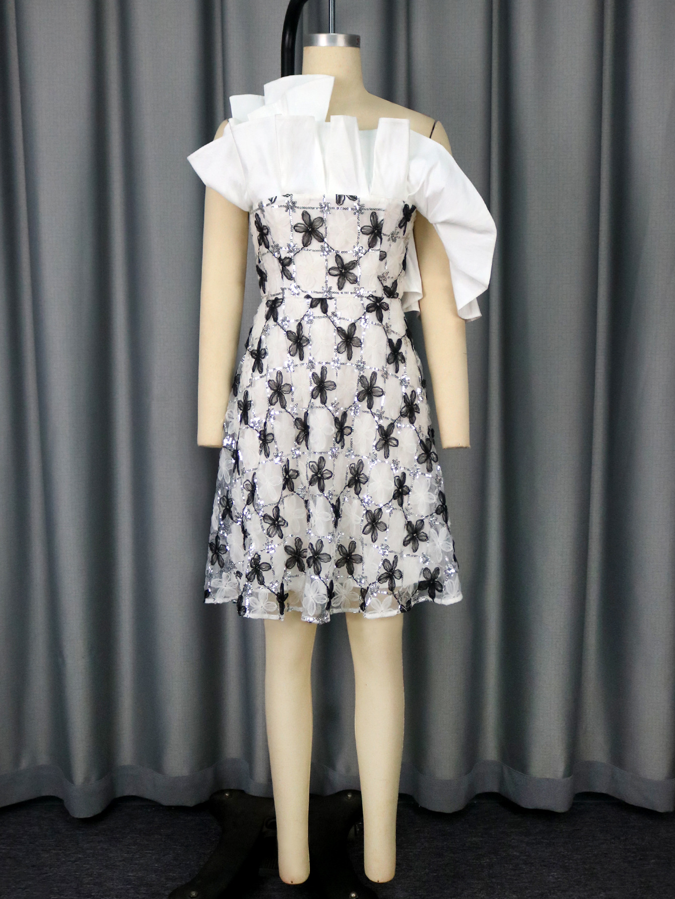 Fashion One-Shoulder Ruffle Mesh Sequin Embroidery Color Block Elegant Formal Party Dress