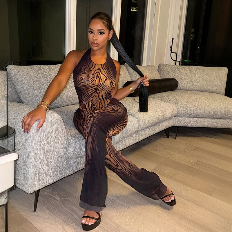 Women's Summer Autumn Mesh Printed Halter Neck Lace-Up Top and Pants Set