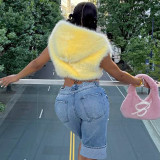 Women's Autumn Winter Solid Color Fur Zipper Hooded Sleeveless Cropped Top