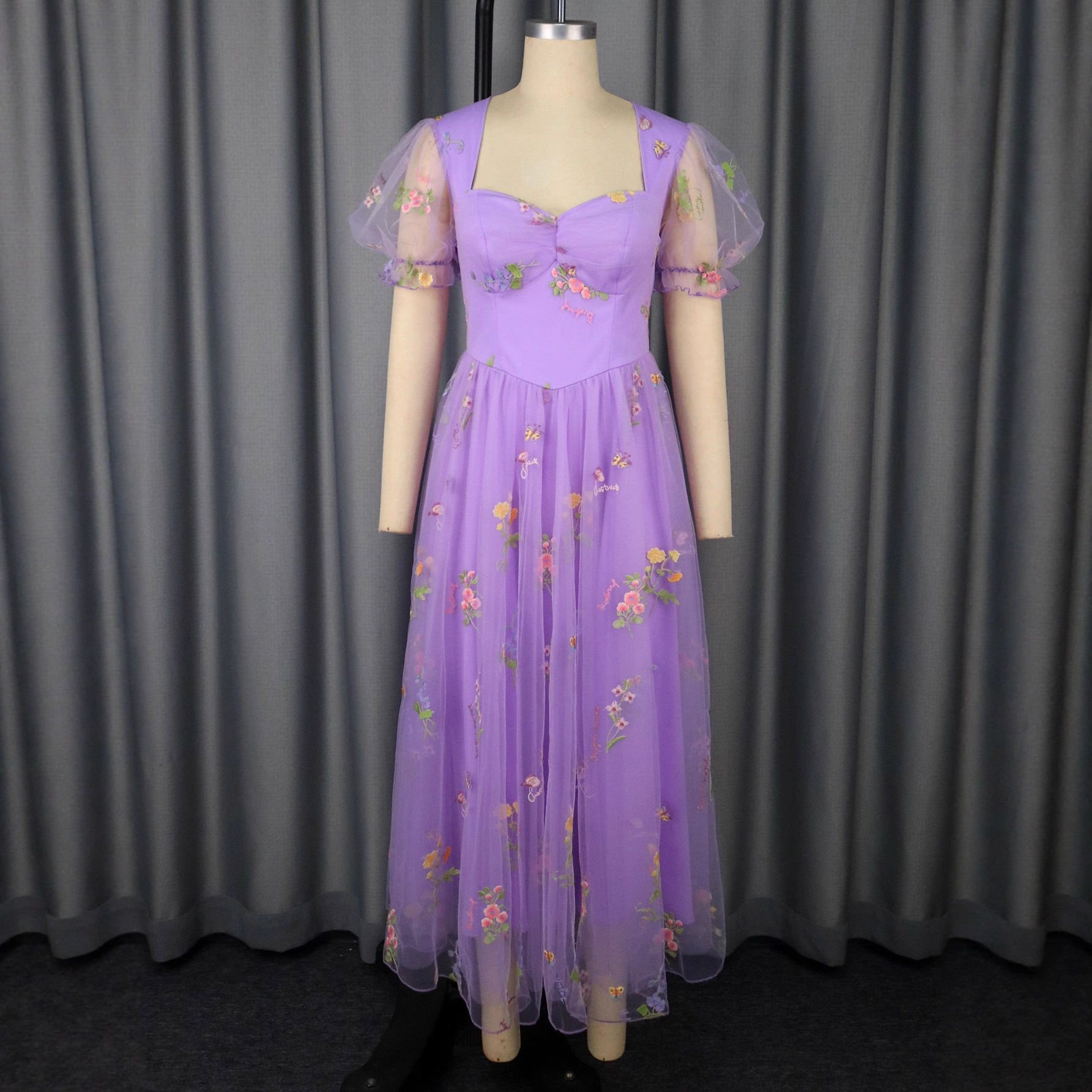 Summer Square Neck Sexy Puff Sleeve Mesh Floral Embroidery Formal Party Evening Dress