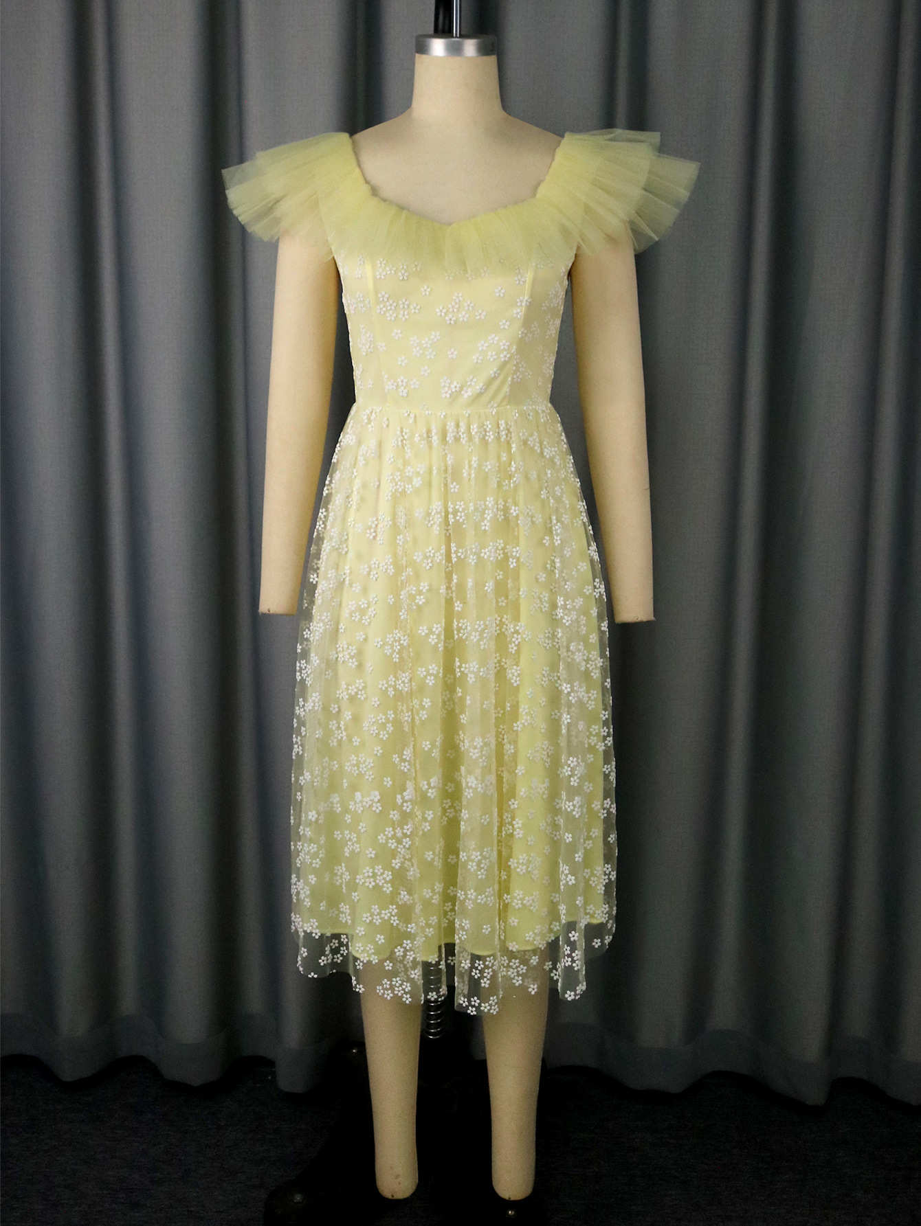 Floral Mesh Square Neck Elegant A-Line Slim Waist Party Evening Dress