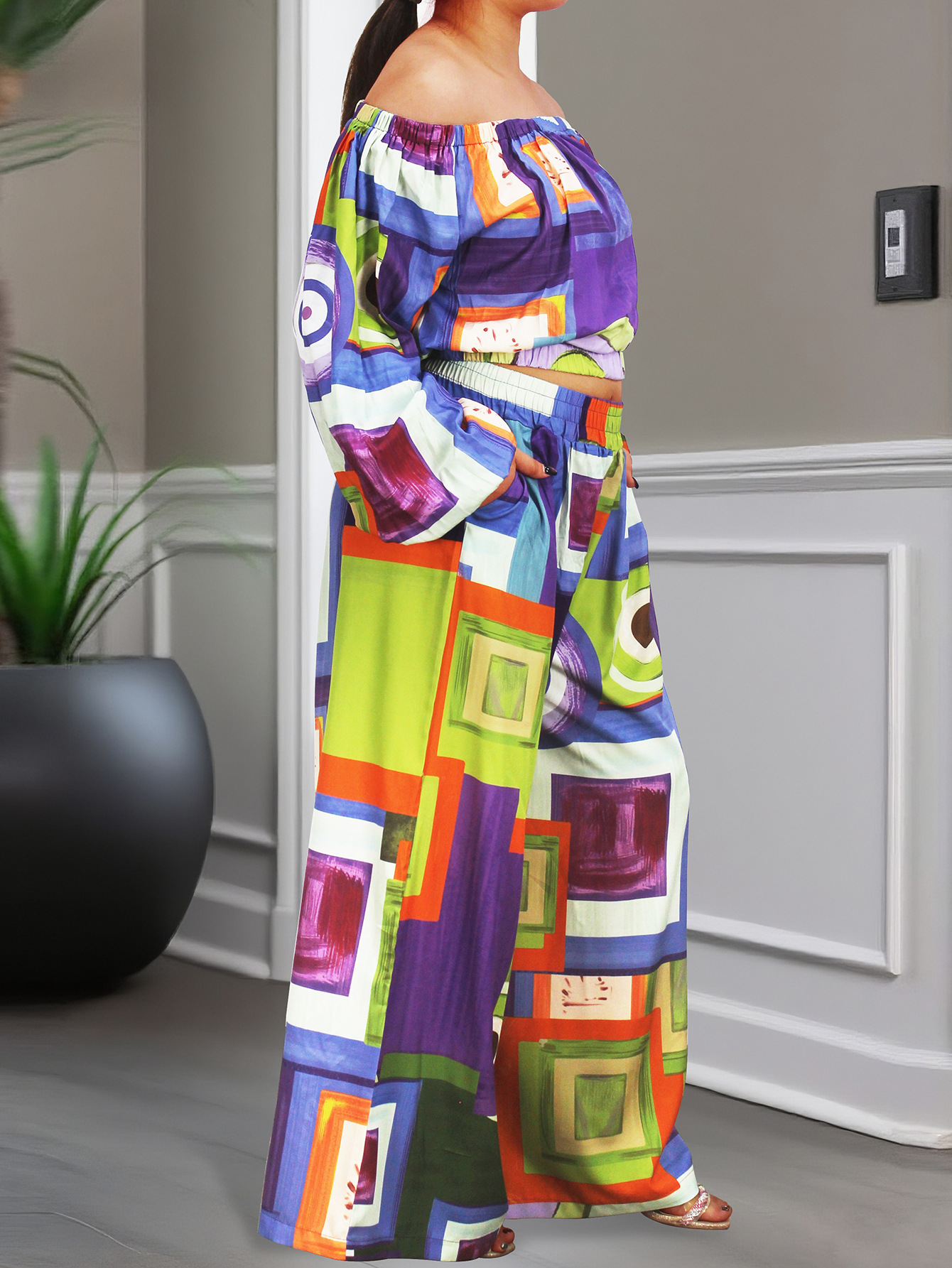 Women's Fashion Elegant Off Shoulder Long Sleeve Top Loose Wide Leg Pants Casual Set