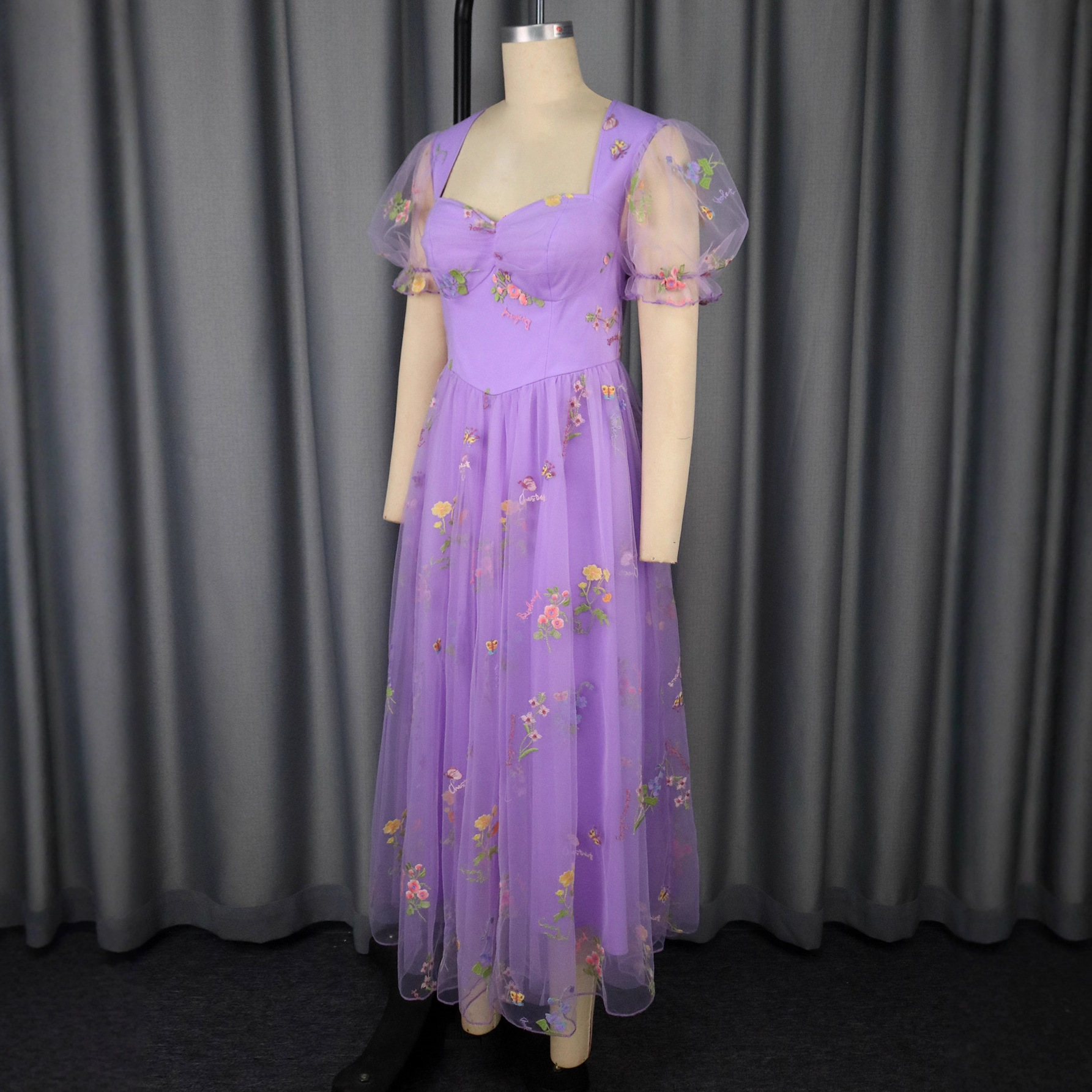 Summer Square Neck Sexy Puff Sleeve Mesh Floral Embroidery Formal Party Evening Dress