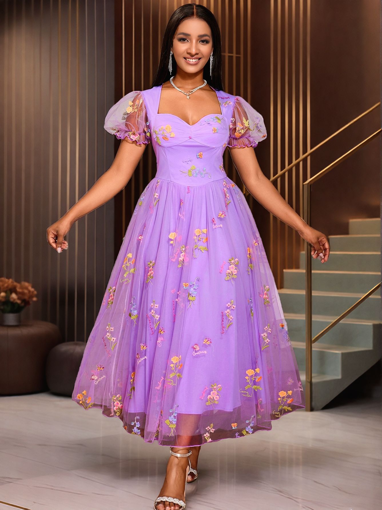 Summer Square Neck Sexy Puff Sleeve Mesh Floral Embroidery Formal Party Evening Dress