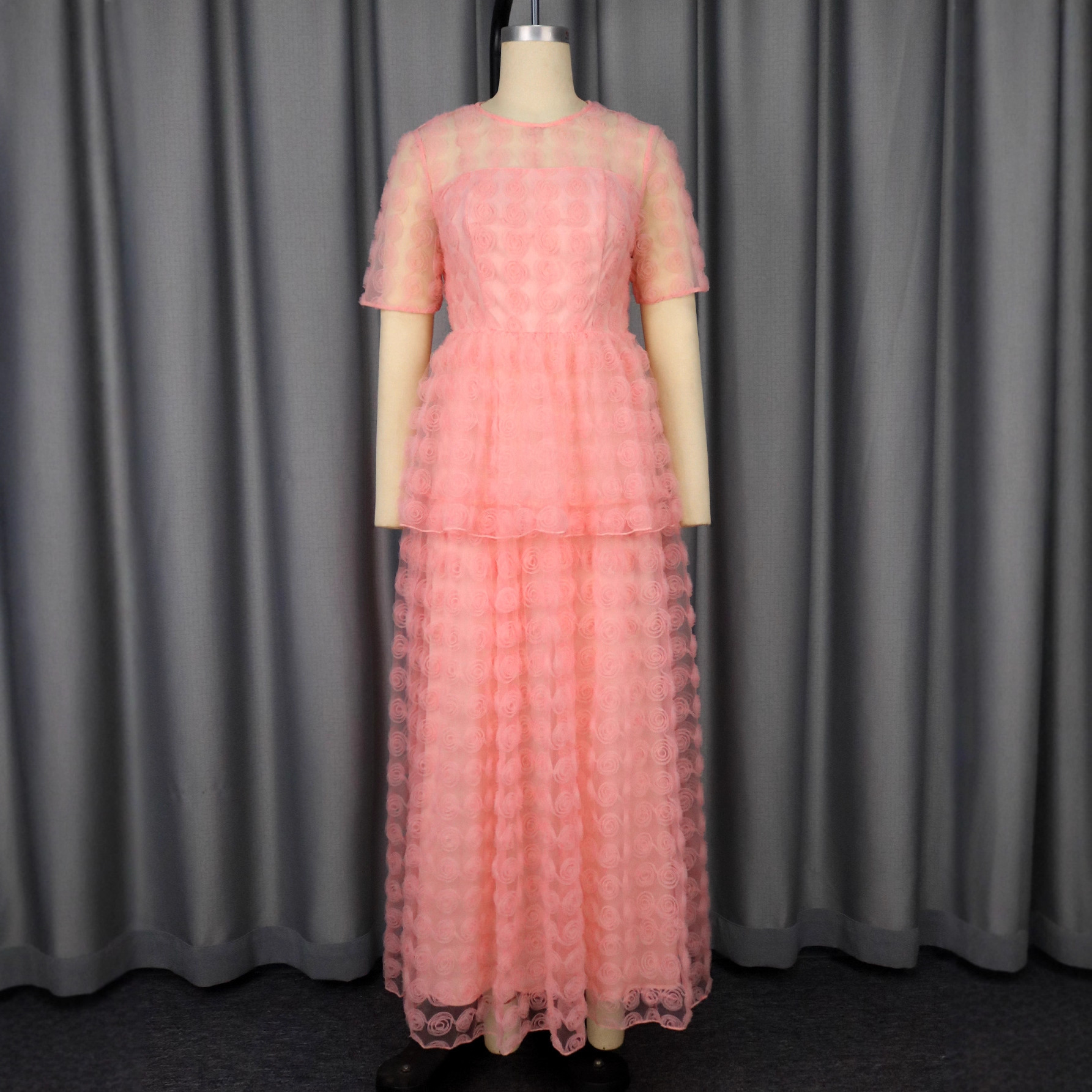 See-Through Round Neck Mesh Embroidery Elegant Party Long Dress