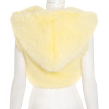 Women's Autumn Winter Solid Color Fur Zipper Hooded Sleeveless Cropped Top
