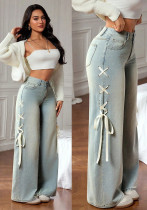 Casual Wide Leg Denim Pants Loose Women's Fashion Side Lace-up Jeans Casual Wide Leg Denim Pants Loose Women's Fashion Side Lace-up Jeans