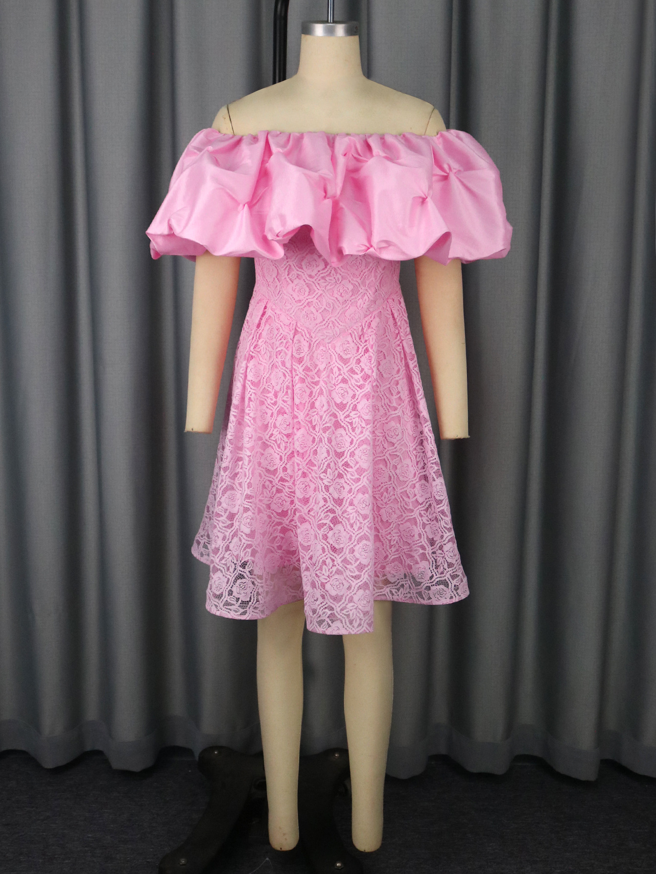 Off Shoulder Puff Sleeve Sexy Lace Slim Waist Chic A-Line Party Dress