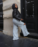 Women Patchwork Zipper Straight Bell Bottom Pants