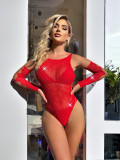 Sexy See-Through Long Sleeve Hollow Beaded Bodysuit Female Lingerie