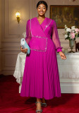 Plus Size Women's V-Neck See-Through Long Sleeve Elegant Pleated Long Dress