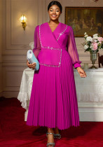 Plus Size Women's V-Neck See-Through Long Sleeve Elegant Pleated Long Dress