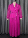 Plus Size Women's V-Neck See-Through Long Sleeve Elegant Pleated Long Dress