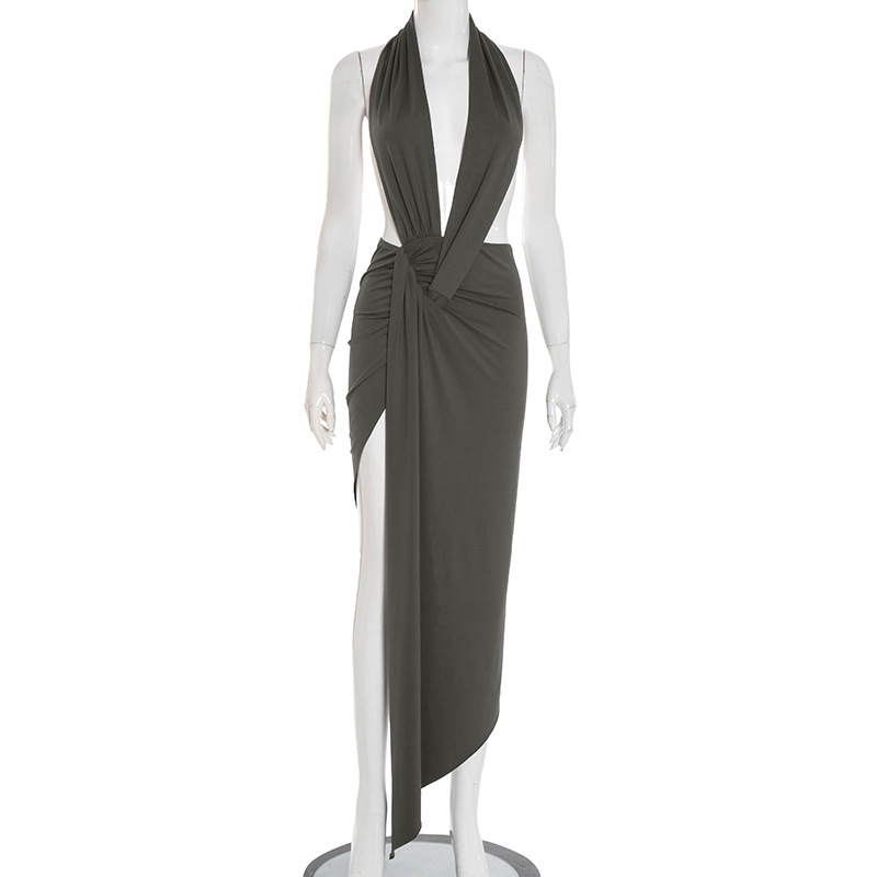 Women's Sexy Slim Fit Halter Neck Low Back Sleeveless Ruffled Fashion Elegant Long Dress