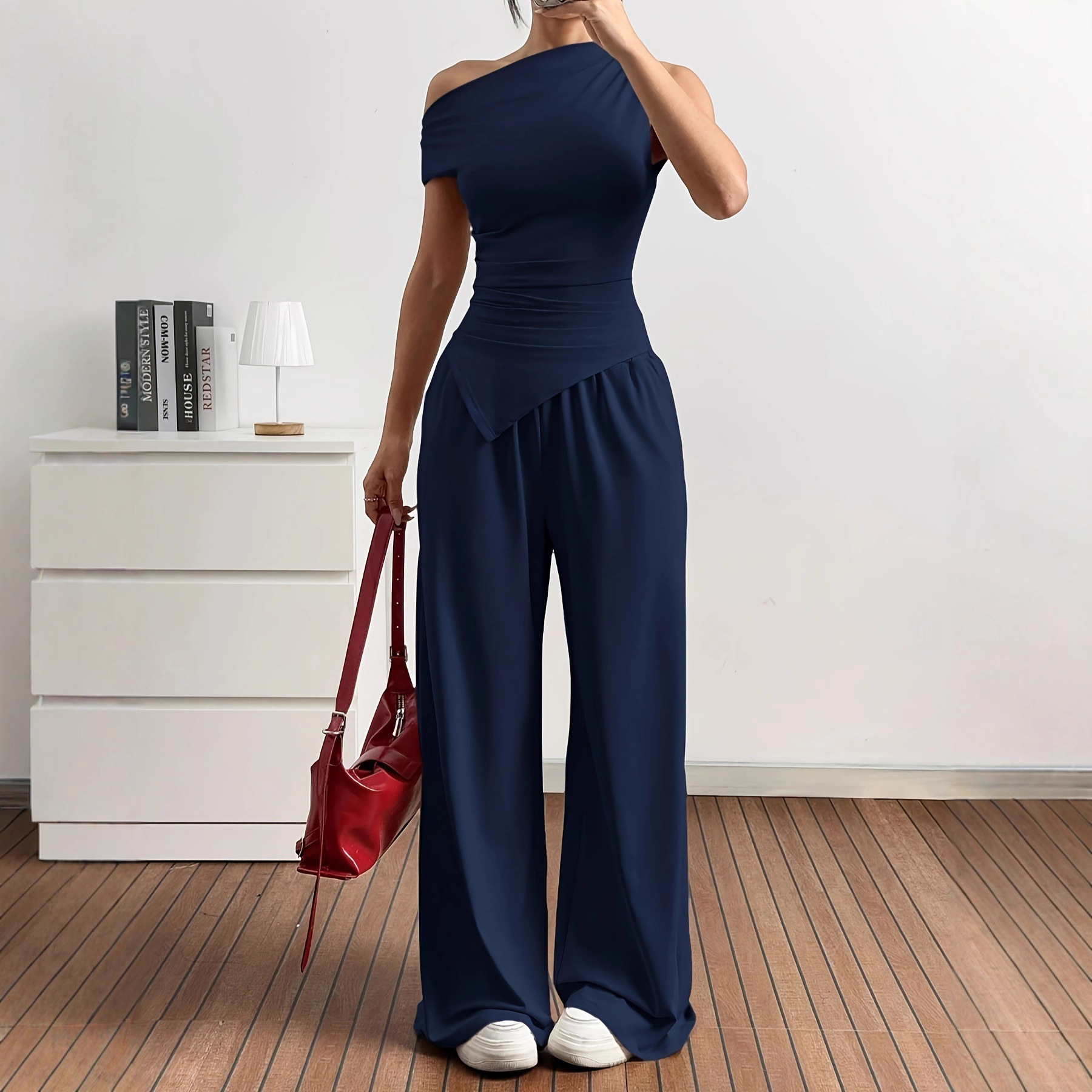 Women's Casual Career Solid Color Asymmetric Top and Pants Two-Piece Set