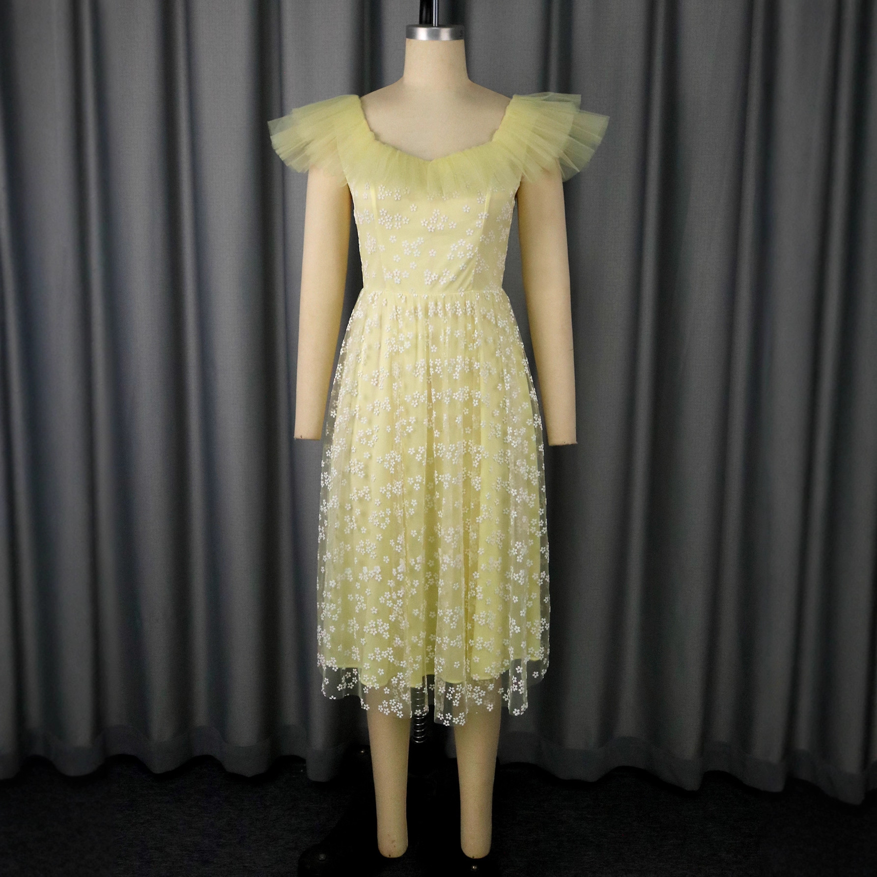 Floral Mesh Square Neck Elegant A-Line Slim Waist Party Evening Dress