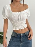 Women's Ruffled Slim Waist Cropped Lace Top