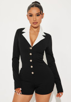 Women's Fashion Rose Pattern Metal Buttons Turndown Collar Long Sleeve Tight Fitting Shorts Jumpsuit