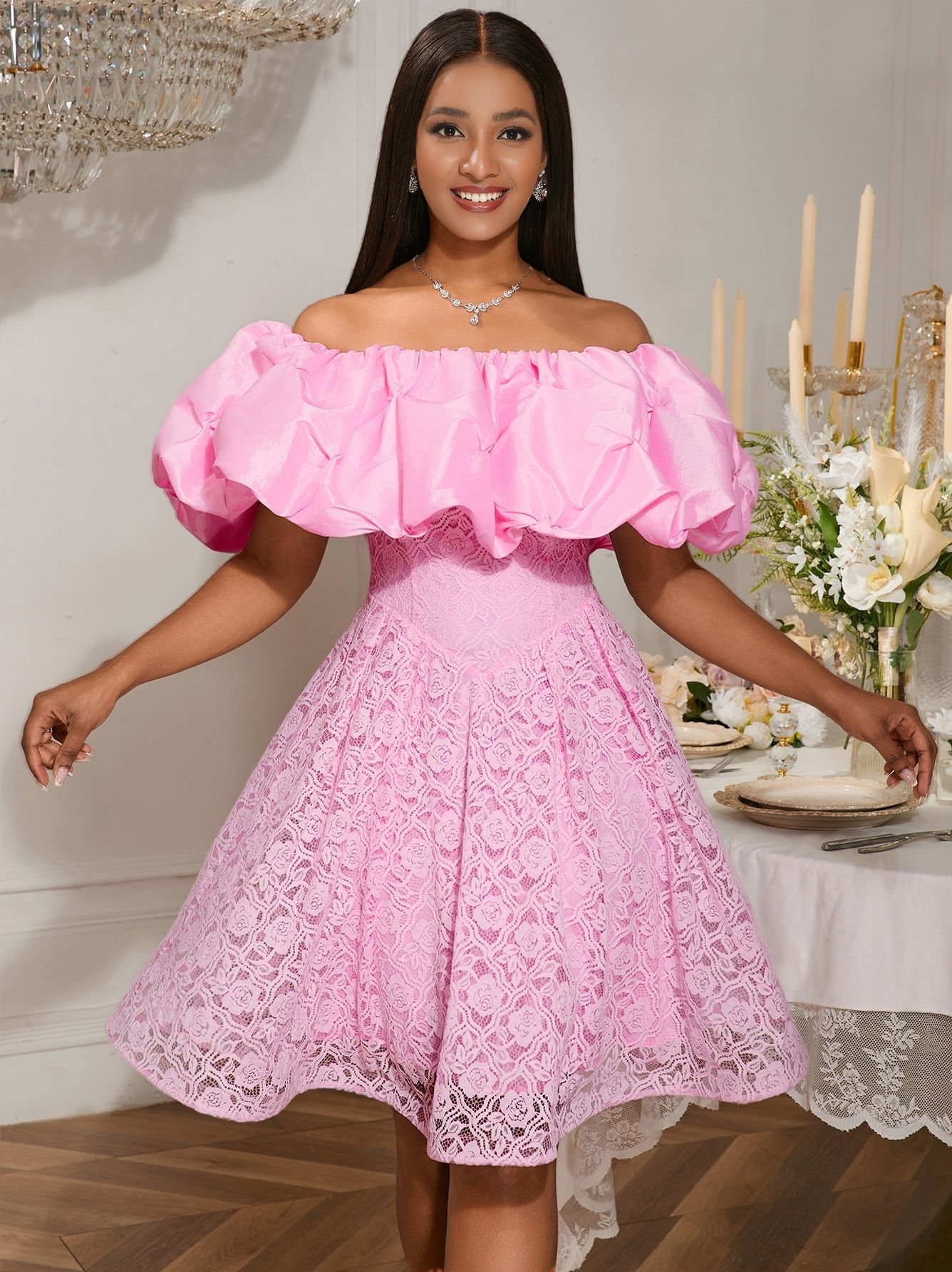 Off Shoulder Puff Sleeve Sexy Lace Slim Waist Chic A-Line Party Dress