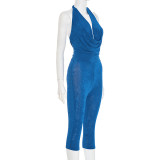 Women's Spring Summer Halter Neck Lace-Up Low Back Bodycon Solid Color Jumpsuit