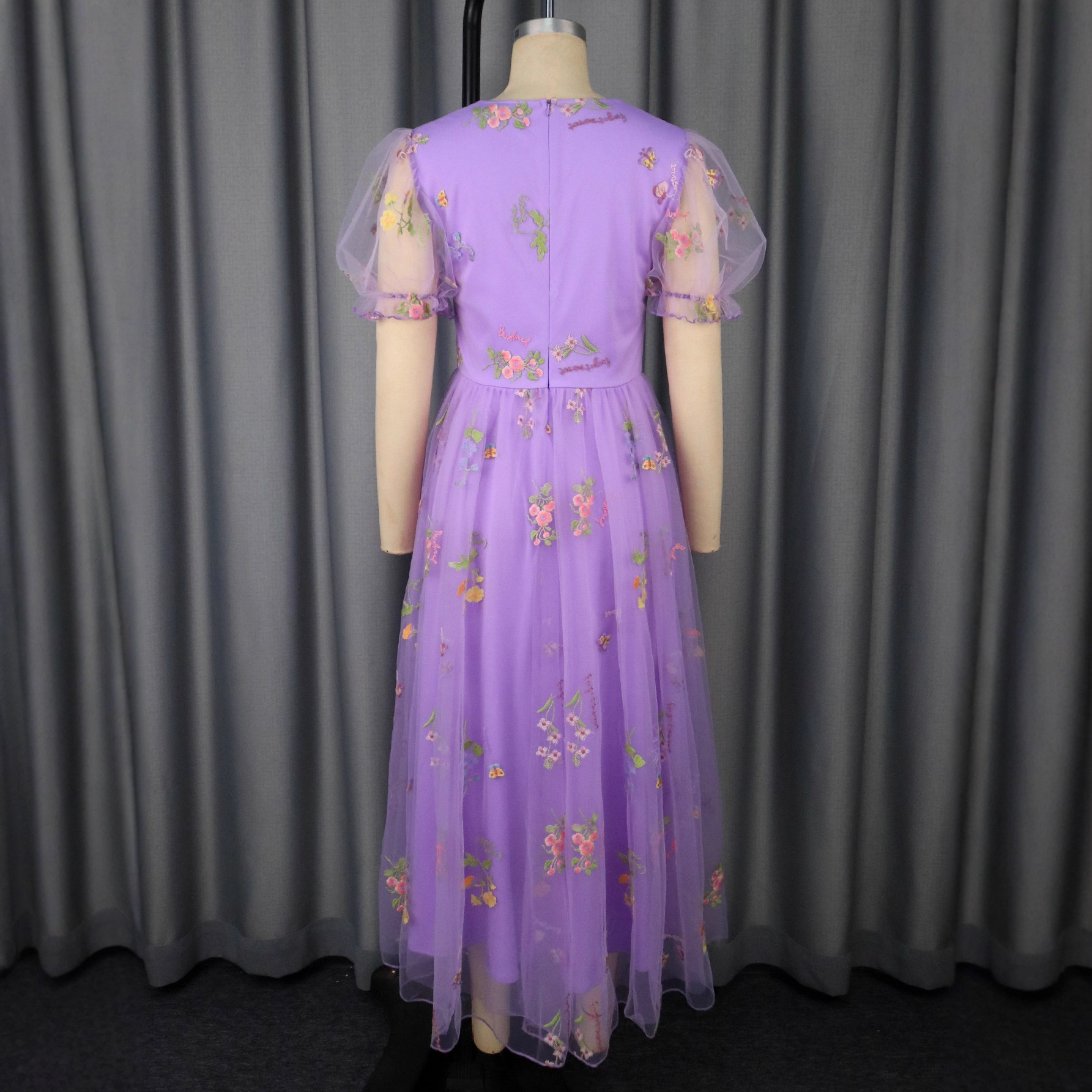 Summer Square Neck Sexy Puff Sleeve Mesh Floral Embroidery Formal Party Evening Dress