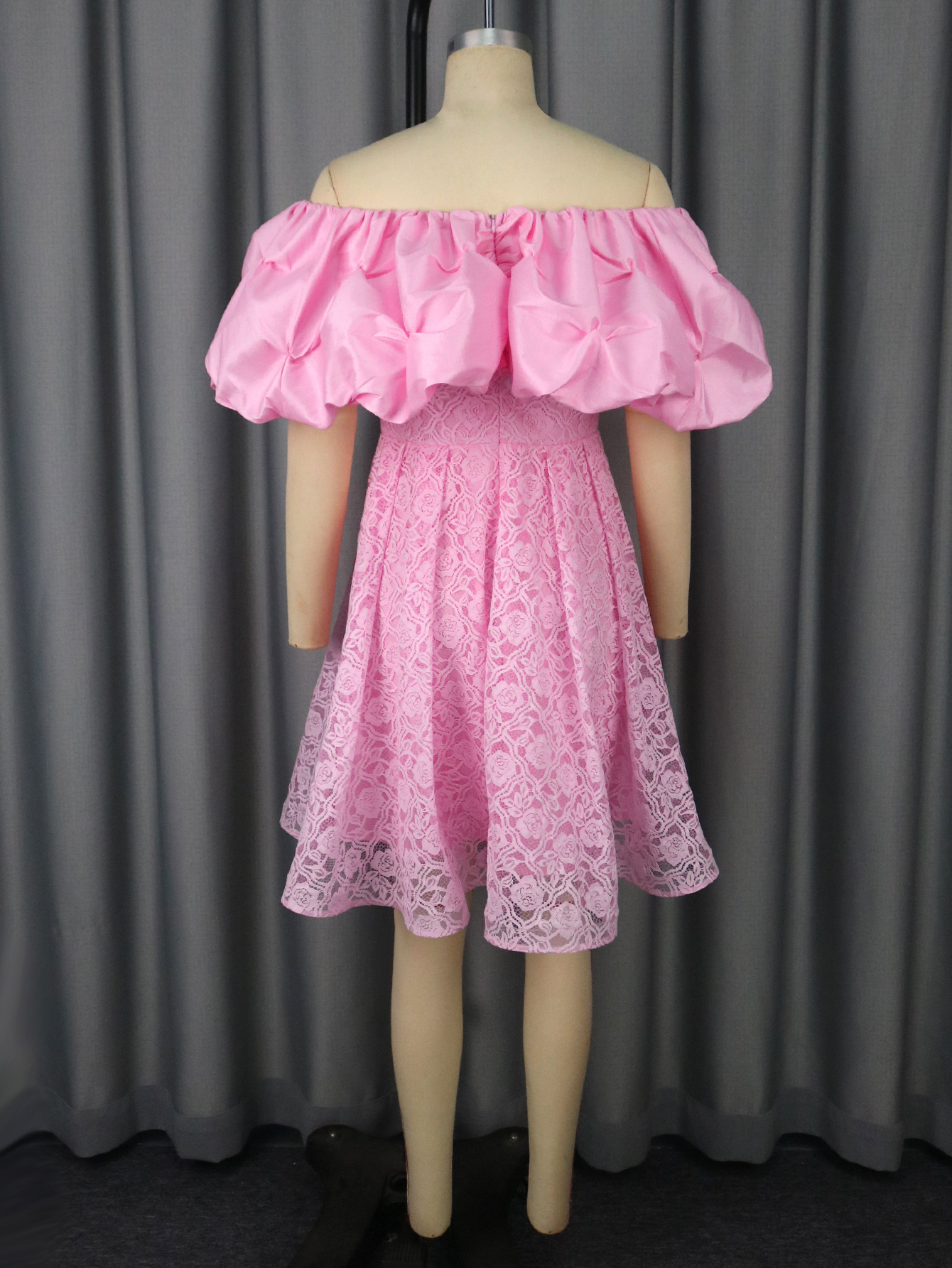 Off Shoulder Puff Sleeve Sexy Lace Slim Waist Chic A-Line Party Dress