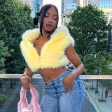 Women's Autumn Winter Solid Color Fur Zipper Hooded Sleeveless Cropped Top