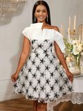 Fashion One-Shoulder Ruffle Mesh Sequin Embroidery Color Block Elegant Formal Party Dress