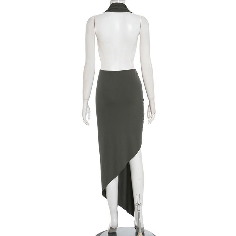 Women's Sexy Slim Fit Halter Neck Low Back Sleeveless Ruffled Fashion Elegant Long Dress