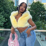 Women's Autumn Winter Solid Color Fur Zipper Hooded Sleeveless Cropped Top