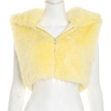 Women's Autumn Winter Solid Color Fur Zipper Hooded Sleeveless Cropped Top